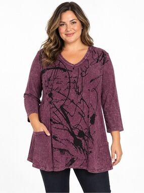 Jess & Jane Purple Mineral Wash Abstract Graffiti Tunic Top Size XL NWT